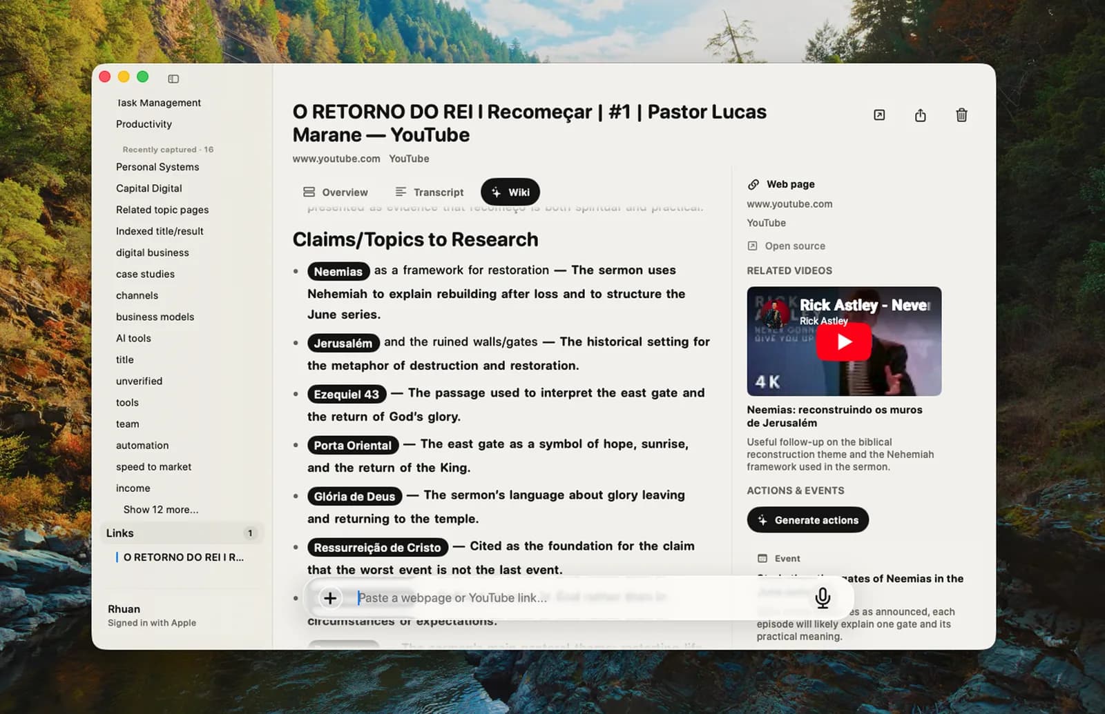 Luzzi analyzing a YouTube link into claims and topics