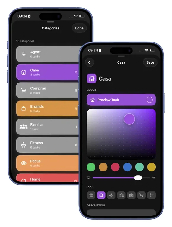 Luzzi categories and color editor on iPhone